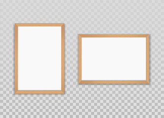 Wall Mural - Vector realistic wooden Photo frames isolated on a transparent background. Horizontal and vertical Mockup for photos or pictures. Blank templates for design. Front view. EPS10.