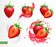 Strawberry realistic isolated vector set, whole and slice of strawberry in juice spash 3d icons