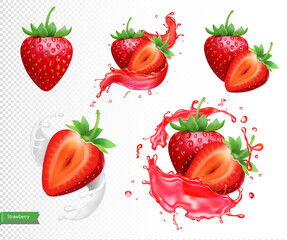 Poster - Strawberry realistic isolated vector set, whole and slice of strawberry in juice spash 3d icons