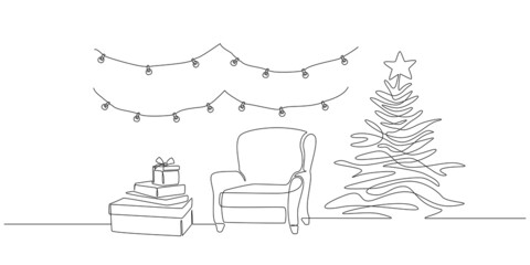 Wall Mural - One continuous Line drawing of festive interior with armchair and christmas tree, gift boxes and garland. Stylish furniture for living room decor in simple linear style. Vector illustration