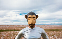 Man In Monkey Mask And Silver Outfit On Stony Field