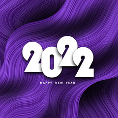 Wall Mural - Happy new year 2022. Festive wavy background with 3D numbers. Violet backdrop. Poster with flow lines. Holiday banner. Vector illustration. Design flyer, wallpaper. Stock.