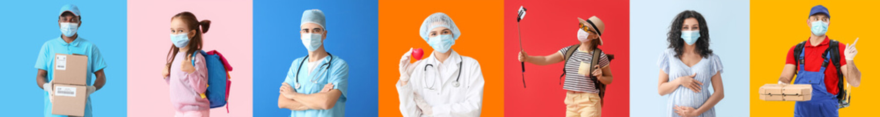 Canvas Print - Group of people wearing medical masks against color background. Protective measures against Coronavirus