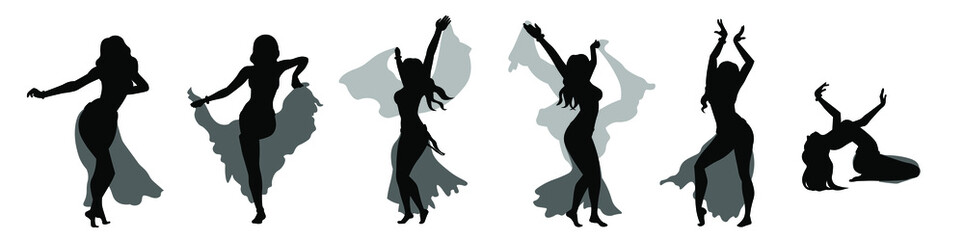 Set of woman performing belly dancing silhouette vector illustartion