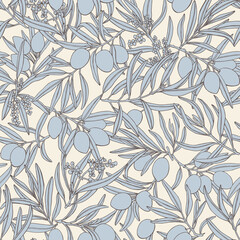 Naklejka na meble Seamless vector pattern of olive tree sprig. Hand drawn vintage blue olives on beige background for design packaging, textile, wallpaper