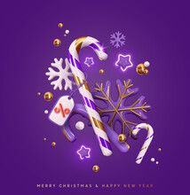 Merry Christmas And Happy New Year. Realistic 3d Xmas Decorative Ornate Objects, Snowflake And Cane Candy, Stars. Holiday Sale Label. Creative Festive Composition. Purple Color. Vector Illustration