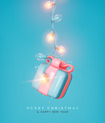 Poster - Christmas gift box hanging on bright glowing Xmas garland. Realistic 3d design of New Year present surprise. Festive card, invitations, cover brochures. Holiday banner, web poster. Vector illustration