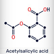 Acetylsalicylic acid, aspirin, ASA molecule. It is salicylate, analgesic and antipyretic medication used to treat pain, fever, inflammation. Skeletal chemical formula