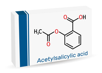 Poster - Acetylsalicylic acid, aspirin, ASA molecule. It is salicylate, analgesic and antipyretic medication. Skeletal chemical formula. Paper packaging for drugs.