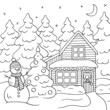 A Christmas house in the winter forest, coloring page