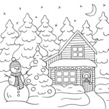 Fototapeta Tulipany - A Christmas house in the winter forest, coloring page