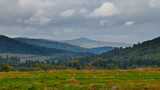 Fototapeta Dmuchawce - Jesień w Bieszczadach. Panorama. Widok z połoniny. Pochmurne niebo, mgły na horyzoncie, w oddali kolorowe drzewa.