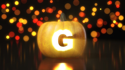 Letter G carved on Halloween pumpkin. 3d illustration with bokeh effect on background