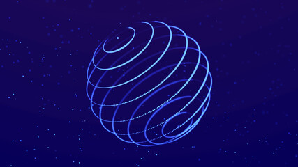 Poster - Abstract 3d sphere. Mesh of sphere with points on dark background. Science and technology. 3d