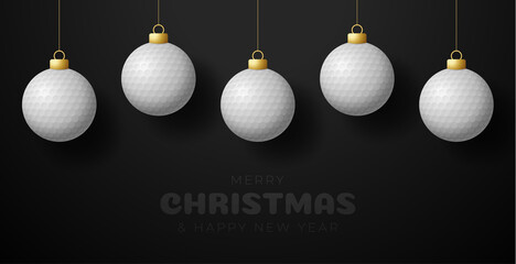 Golf christmas greeting card. Merry Christmas and Happy New Year Hang on a thread golf ball as a xmas ball. sport Vector illustration.