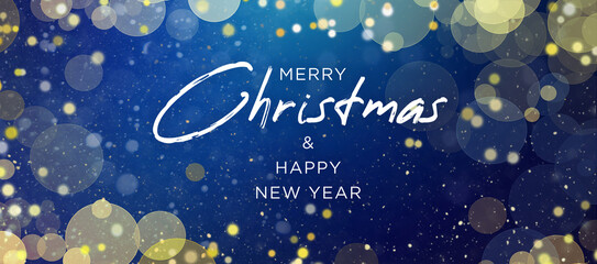 Wall Mural - merry christmas & happy new year text design over magical blue defocused bokeh lights and gold glitt