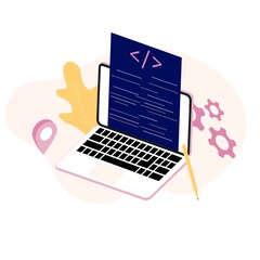 Modern flat design concept of software development coding process. Developing, designer, programming, testing cross platform code, app, UI. Create, editing script for website and mobile devices.