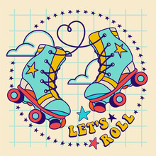 Vintage Groovy Roller Skates Bonding Together. Retro Print For Romantic Girly T Shirt Concept. Funky 70's Tee Print Or Poster Design.