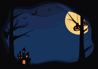 Wall Mural - Halloween blue background with layer border, bat, pumpkin, moon