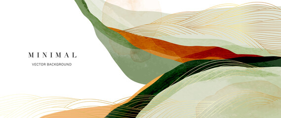 Mountain background vector. Minimal landscape art with watercolor brush and golden line art texture. Abstract art wallpaper for prints, Art Decoration, wall arts and canvas prints. 