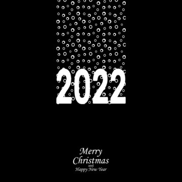 Merry Christmas and Happy New Year banner. Lettering 2022 and falling snow on black background. Minimalistic flat vector illustration. For web, greeting card, poster, brochure, flyer