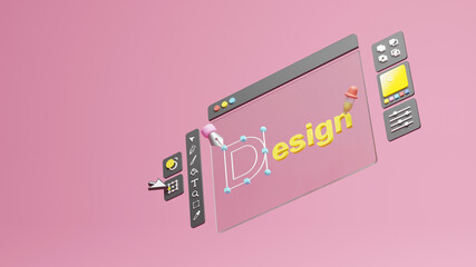 Fototapete - Graphic designer creative creator design logo artwork curve pen tool illustration equipment icons digital computer display workspace. Graphic design software. 3d rendering.