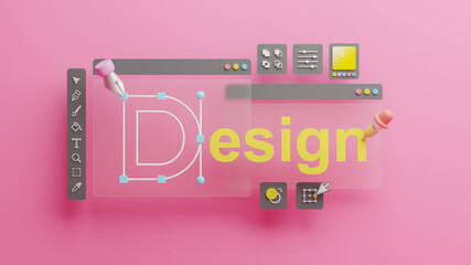 Fototapete - Graphic designer creative creator design logo artwork curve pen tool illustration equipment icons digital computer display workspace. Graphic design software. 3d rendering.