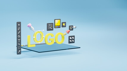 Fototapete - Graphic designer creative creator design logo artwork curve pen tool illustration equipment icons digital computer display workspace. Graphic design software. 3d rendering.