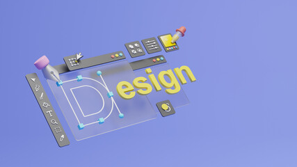 Fototapete - Graphic designer creative creator design logo artwork curve pen tool illustration equipment icons digital computer display workspace. Graphic design software. 3d rendering.