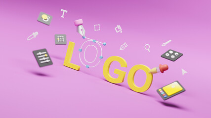 Fototapete - Graphic designer creative creator design logo artwork curve pen tool illustration equipment icons digital computer display workspace. Graphic design software. 3d rendering.