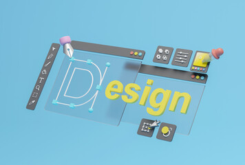 Fototapete - Graphic designer creative creator design logo artwork curve pen tool illustration equipment icons digital computer display workspace. Graphic design software. 3d rendering.