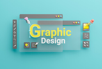 Fototapete - Graphic designer creative creator design logo artwork curve pen tool illustration equipment icons digital computer display workspace. Graphic design software. 3d rendering.