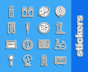 Poster - Set line Computer monitor with cardiogram, Test tube and flask chemical laboratory, Glass test fire heater, Planet, Syringe, Battery and Bacteria icon. Vector