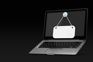 Leinwandbilder - Modern Laptop and White Blank Hanging Banner Sign with Free Space for Your Design. 3d Rendering