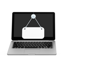 Leinwandbilder - Modern Laptop and White Blank Hanging Banner Sign with Free Space for Your Design. 3d Rendering
