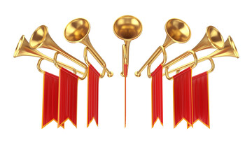 Golden Fanfare Trumpets with Red Flags. 3d Rendering