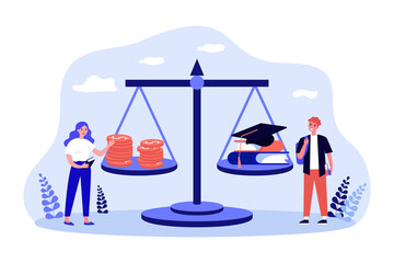 Poster - People with scales in balance between money and books. Persons investing in in training flat vector illustration. Financial cost of education concept for banner, website design or landing web page