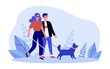 Blind woman walking with man helper and guide dog. Person with physical disability holding stick flat vector illustration. Help of guide animals concept for banner, website design or landing web page