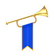 Golden Fanfare Trumpet with Blue Flag. 3d Rendering
