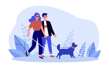 Wall Mural - Blind woman walking with man helper and guide dog. Person with physical disability holding stick flat vector illustration. Help of guide animals concept for banner, website design or landing web page