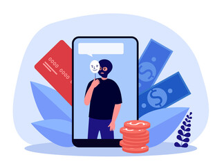 Poster - Thief on mobile phone screen stealing money. Criminal hacker holding friends mask for hacking flat vector illustration. Online crime, cyber fraud concept for banner, website design or landing web page