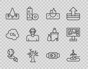 Sticker - Set line Hands holding Earth globe, Wind turbine, Iceberg, Withered tree, Deforestation, Face protective mask, Medical and Television report icon. Vector