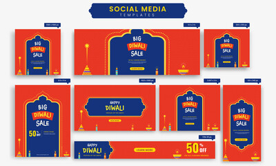 Wall Mural - Diwali Big Sale Social Media Templates Set With 50% Discount Offer In Orange And Blue Color.