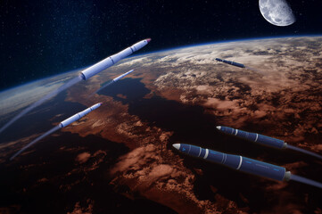 Wall Mural - hypersonic missiles or rockets over the apocalyptic earth. a comet runs in the space. elements of th