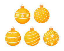 Yellow Christmas Balls Watercolor Style Decoration Isolated On White Background.