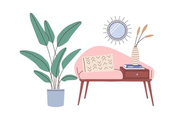 Poster - Home interior design in 60s style. Retro armchair with drawer, house plant, mirror and vase with flowers. Cozy seat with cushion for living room. Flat vector illustration isolated on white background