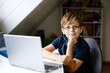 © Irina Schmidt - Kid boy with glasses learning at home on laptop for school. Adorable child making homework and using notebook and modern gadgets. Home schooling concept.