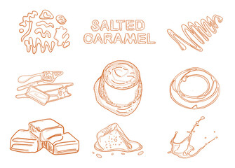 Caramel products. Top view frame. Hand drawn illustration. Pieces of caramel design template. Engraved design. Great for package design. Vector illustration. 