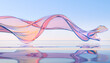 3d render abstract background in nature landscape. Transparent glossy glass ribbon on water. Holographic pink curved wave in motion. Iridescent design element for banner background, wallpaper.