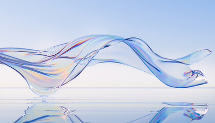 3d render abstract background in nature landscape. transparent glossy glass ribbon on water. hologra